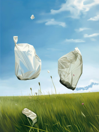 Two plastic bags torn and blown away by the wind in a field.. AI generationの素材