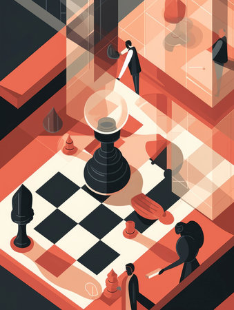 A magnifying glass hovering above a chess board with two figures engaged in a heated game of strategy.. AI generationの素材