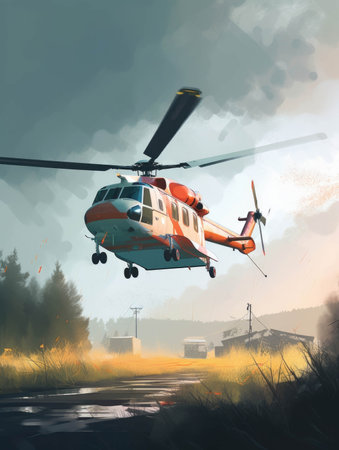 A medical transport helicopter evacuating ed from a disaster zone.. AI generationの素材