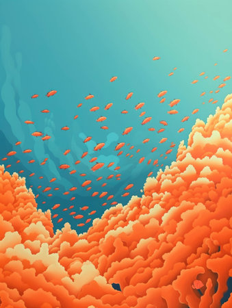 Tiny schools of fish swim in unison in front of a stunning coral reef.. AI generationの素材
