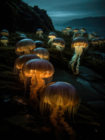 Glowing jellyfish bobbing in the nightâs dark tide.. AI generationの素材