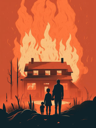 A panicked family their backs illuminated by the flaming embers of their home.. AI generationの素材