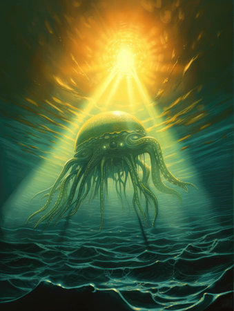 The sunâs light reflects off a mysterious alienlike creature deep within the ocean.. AI generationの素材