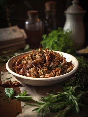 A mound of roasted grasshoppers surrounded by fresh herbs. AI generationの素材