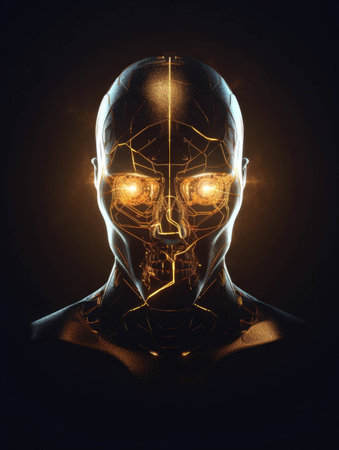 A glowing figure with a mask of metal presenting a merging of machine and man.. AI generationの素材