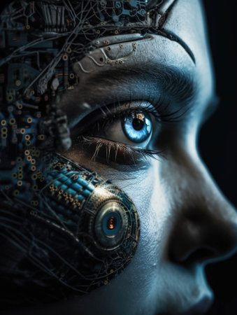A person with a metal eye representing the integration of machine into the human body.. AI generationの素材