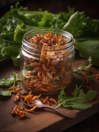 A jar of honeyglazed mealworms atop a bed of greens. AI generationの素材