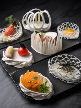 An imaginative selection of 3D printed dishes that transform a meal into a luxurious tasting experience.. AI generationの素材