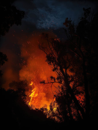 An orange and yellow fire raging against the night sky.. AI generationの素材