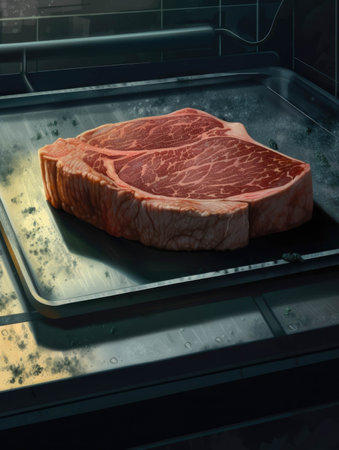 A closeup of a freshly steak with a background of labgrown meatproducing equipment.. AI generationの素材