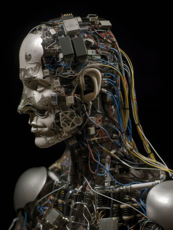 A hybrid being with metal and electrical components raising awareness on transhumanism.. AI generationの素材