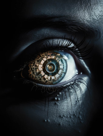 A person with a metal eye representing the integration of machine into the human body.. AI generationの素材