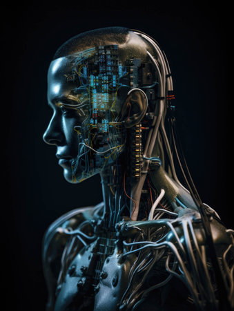 A being with metal circuitry outlining it displaying the power of transhumanism connecting man and machine.. AI generationの素材