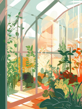 Glass walls glinting in the sunlight containing a dreamy garden of vegetables herbs and flowers.. AI generationの素材
