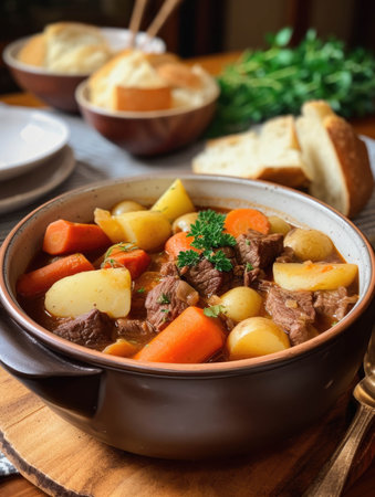 A hearty bowl of beef stew filled with potatoes carrots and other flavorful veggies.. AI generationの素材