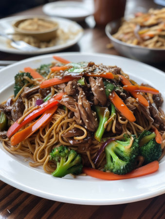 A plate of grilled vegetable lo mein served over a bed of saucy beef.. AI generationの素材