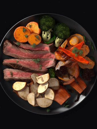 A platter of roasted vegetables and succulent slices of juicy steak.. AI generationの素材