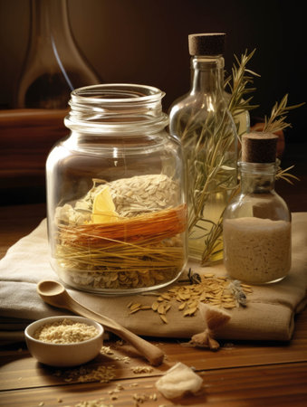 A jar of natural ingredients and oils that can be used in homemade antiaging masks and remedies.. AI generationの素材