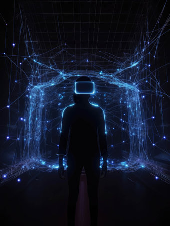 A glowing circuitry network radiates from the walls of a dark room with a person in a virtual reality headset in the center.. AI generationの素材