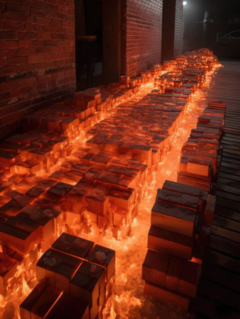 Glowing chunks of brick and wood cascading to the ground like burning hail.. AI generationの素材