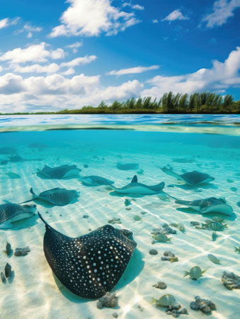 Sparkling turquoise waters are teeming with a vibrant array of exuberant sealife.. AI generationの素材
