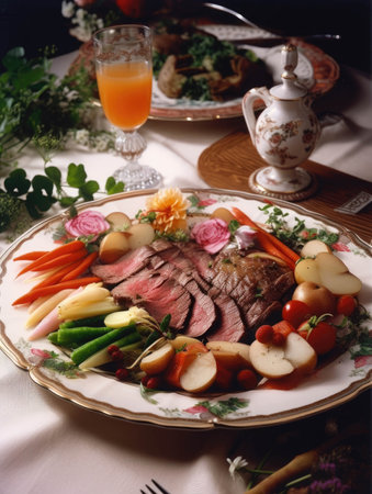 A savory plate of thinly sliced steak served over a bed of vegetables and herbs.. AI generationの素材