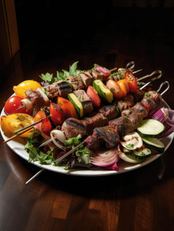 A plate of freshly grilled kebabs packed with a medley of colorful veggies and flavorful meat.. AI generationの素材