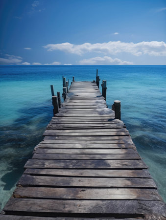 A wooden pier overlooking a deep sapphire ocean.. AI generationの素材