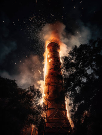 A tower of flame and ash reaching upward a smoky pillar in the night sky.. AI generationの素材
