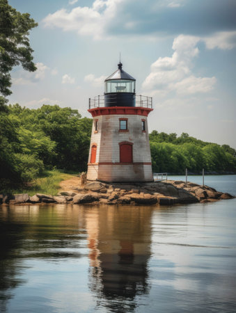 A lighthouse nestled in a peaceful harbor.. AI generationの素材