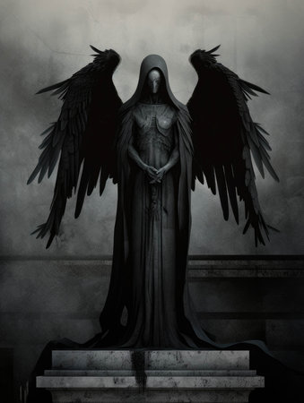 A statue of a dark angel standing sentinel in a bleak courtyard. Gothic art. AI generationの素材