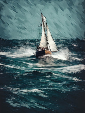 An old wooden sailboat carving through the swell.. AI generationの素材