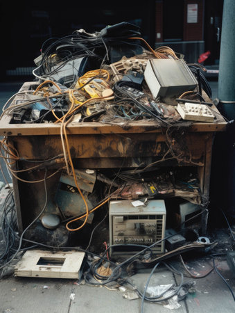 An overflowing dumpster jammed with broken furniture electrical cords and paper waste.. AI generationの素材