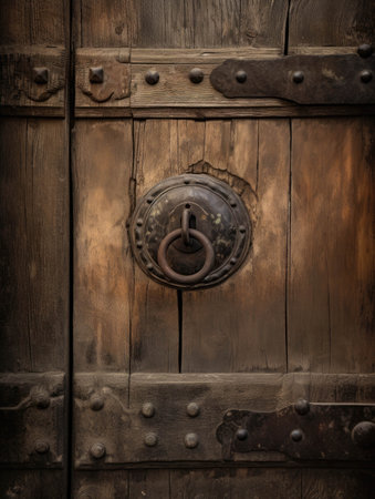 An old wooden door with a large iron knocker with a crack down the center revealing a single eye.. AI generationの素材