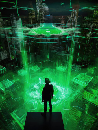 A person stands in a glass chamber surrounded by green lasers forming a holographic map of a new city.. AI generationの素材