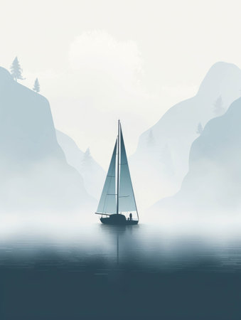 A sailboat beckoning from the misty coastline.. AI generationの素材