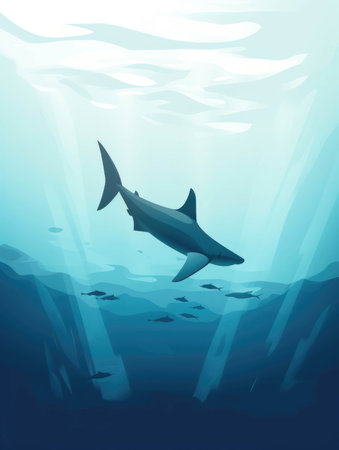 A hammerhead shark gliding silently below the surface its menacing fins ting through the waves.. AI generationの素材