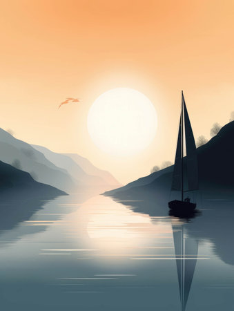 A sailboat beckoning from the misty coastline.. AI generationの素材