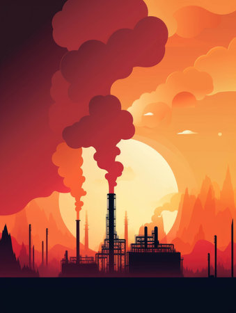 An oil refinery sending plumes of smoke into the surrounding sky like a beacon.. AI generationの素材