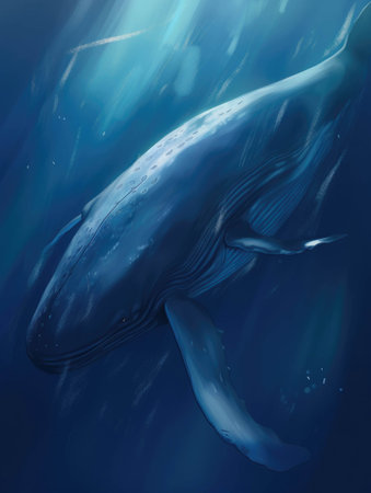 A giant blue whale cruising through the depths of the ocean its graceful movements sending a wake of bubbles behind.. AI generationの素材