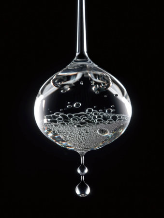 A crystalclear water droplet shuddering in suspension.. AI generationの素材