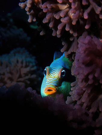 An elusive scavenger peers out from the shadows of an exotic coral reef.. AI generationの素材