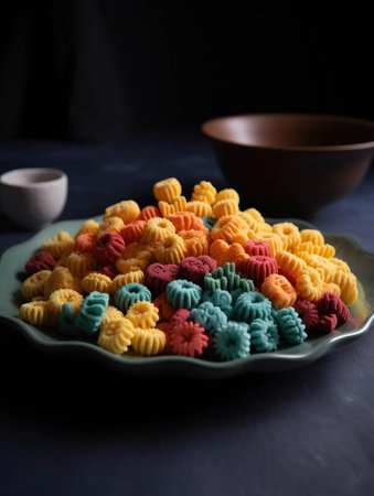 A colourful collar of 3D printed savoury snacks arranged on a plate just waiting to be devoured.. AI generationの素材