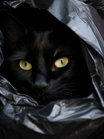 A cat nestled ast the contents of a black garbage bag licking its fur clean.. AI generationの素材