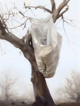 The decaying remains of a plastic bag caught in a tree.. AI generationの素材