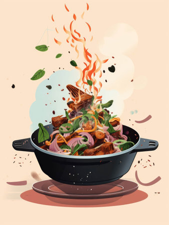 A savory skillet of beef and veggie stirfry with aromatic es floating in the air.. AI generationの素材