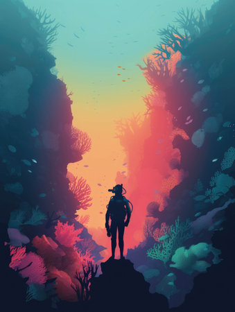 A lone scuba diver exploring an underwater reef its rainbowhued coral captivating their attention.. AI generationの素材