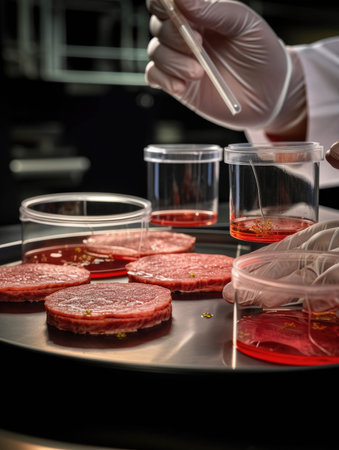 Scientists meticulously working with petri dishes containing growing strands of labgrown meats.. AI generationの素材