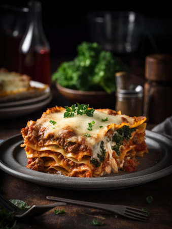 An aromatic plate of beef and vegetable lasagna oozing with melted cheese and a flavorful tomato sauce.. AI generationの素材
