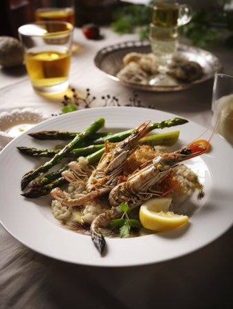 A plate of grilled locusts and asparagus. AI generationの素材